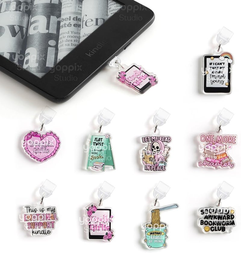 YOPPIX 9PCS Charms for E-Reader, About Funny Theme Dust Plug Charm Compatible with Type C Charging Port, Gift for Book Lover Readers Men Women Teachers Students, Accessories for E-Reader - Image 1
